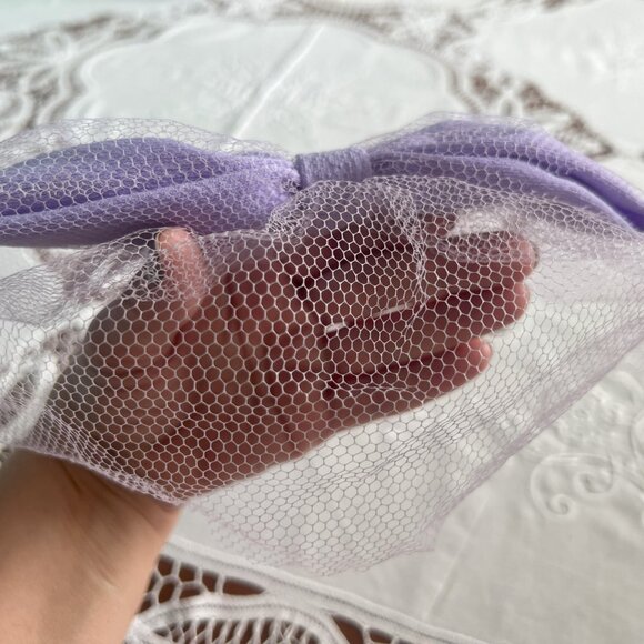Vintage 60s Purple Fascinator Mesh Netting Hair Bows Pastel Mauve Hairnet Rockab - Picture 8 of 10